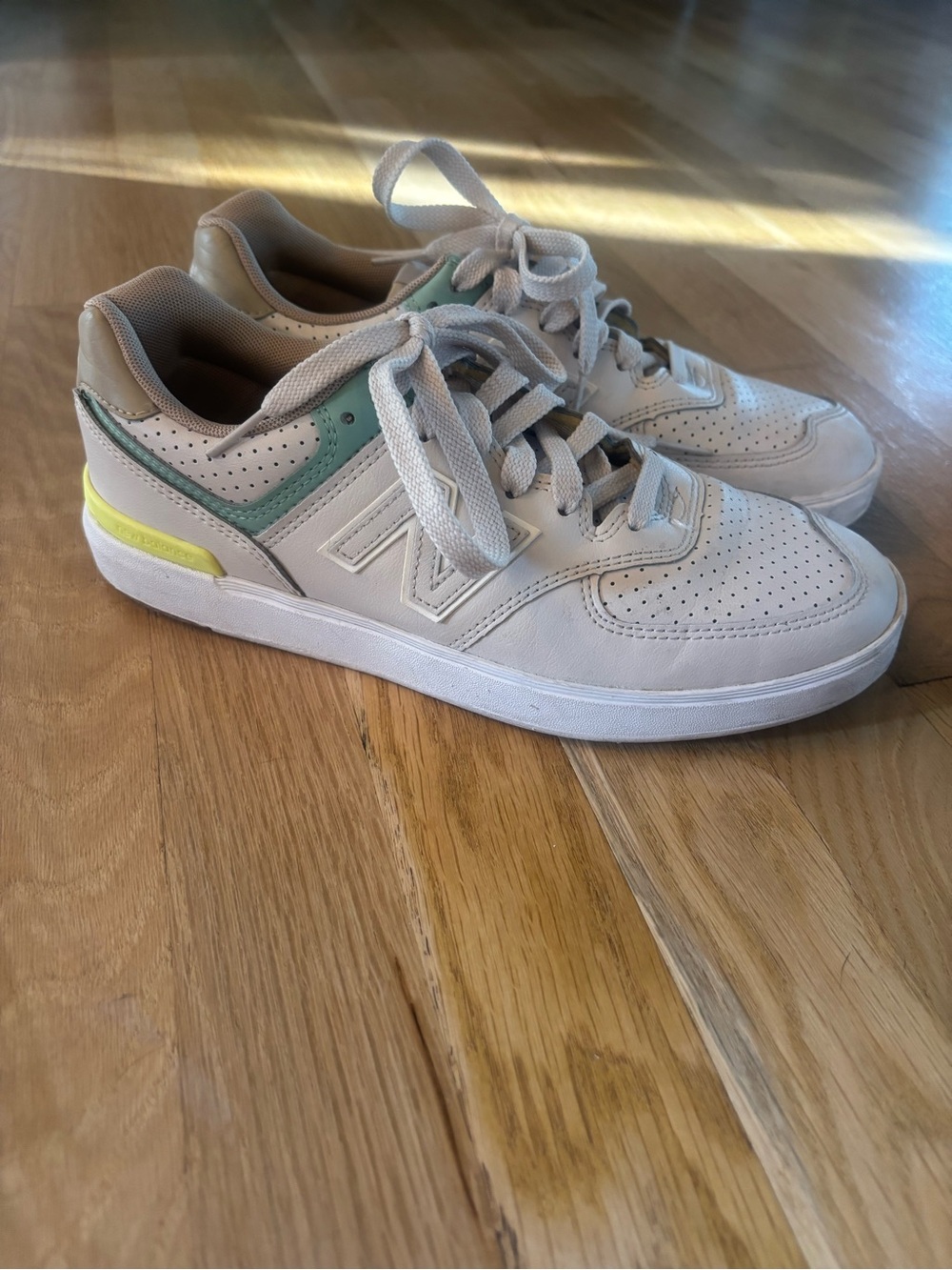 New Balance Men's White Leather Sneakers with Mint & Yellow Highlights